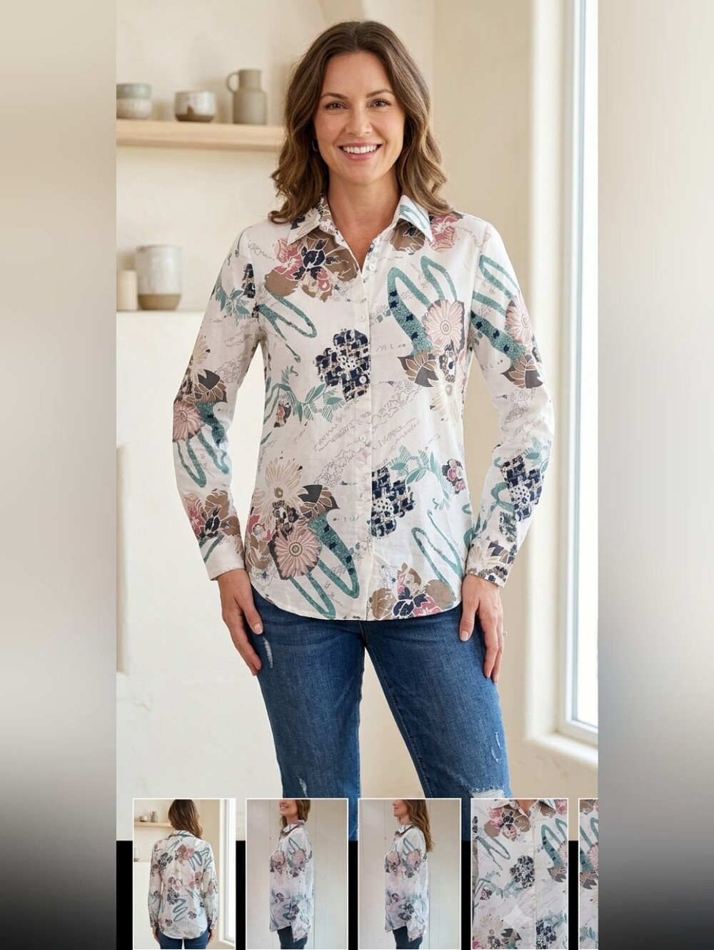 Vintage Abstract Earthy Floral Long Sleeve Blouse White Geometric Button Down